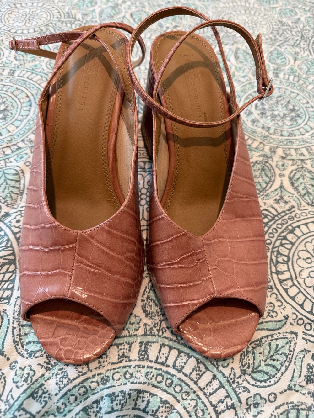 ASOS Croc-Embossed Peep Toe Ankle Strap Heels - Dusty Rose